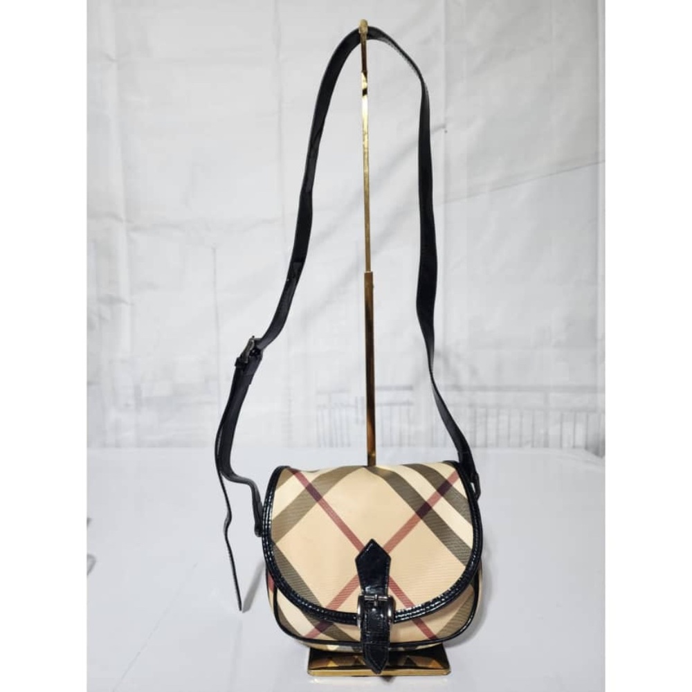 Authentic Burberry Nova Check Coated Canvas and Patent Leather Crossbody Bag